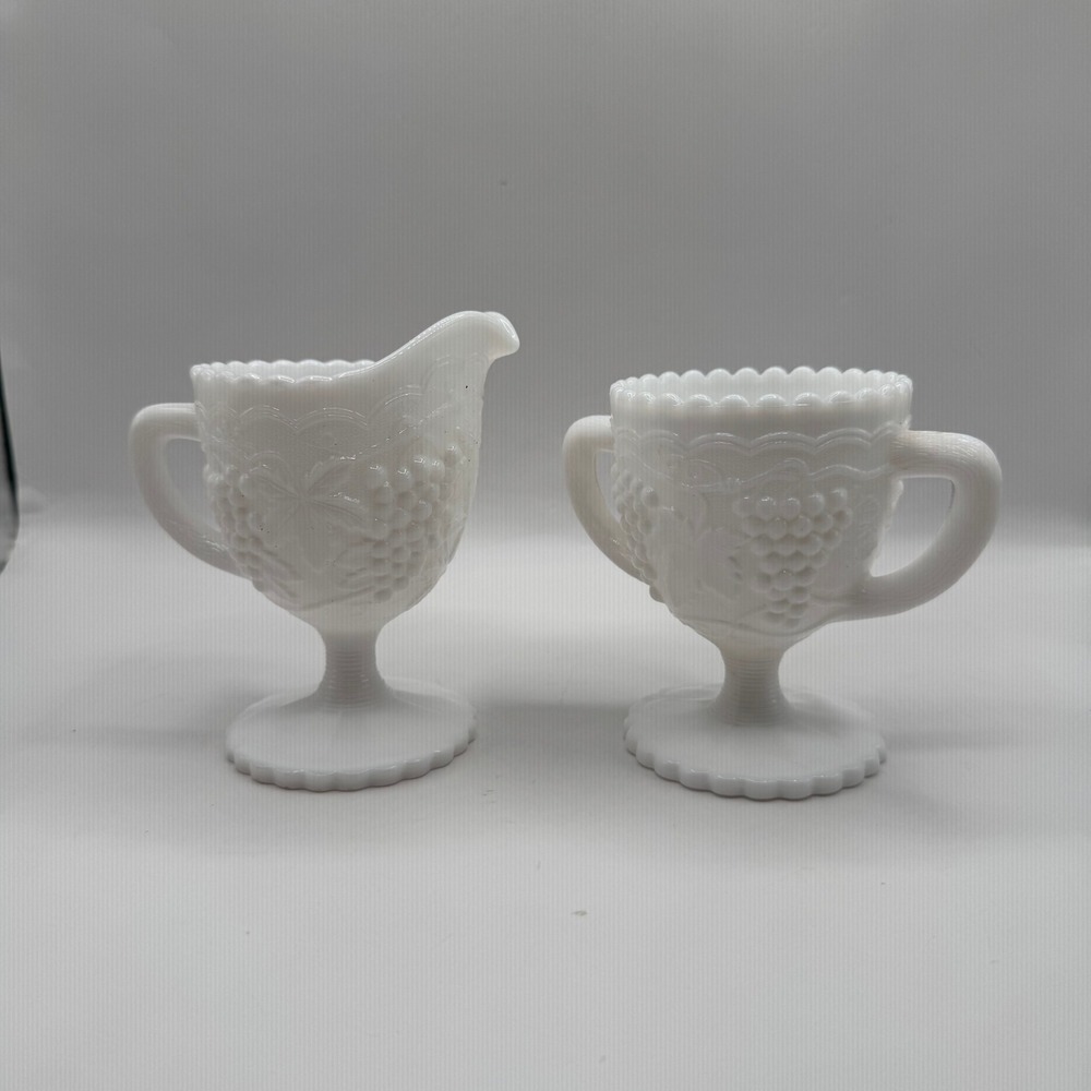Imperial Glass Cream and Sugar Set White Milk Glass Vintage Grape Pattern Footed